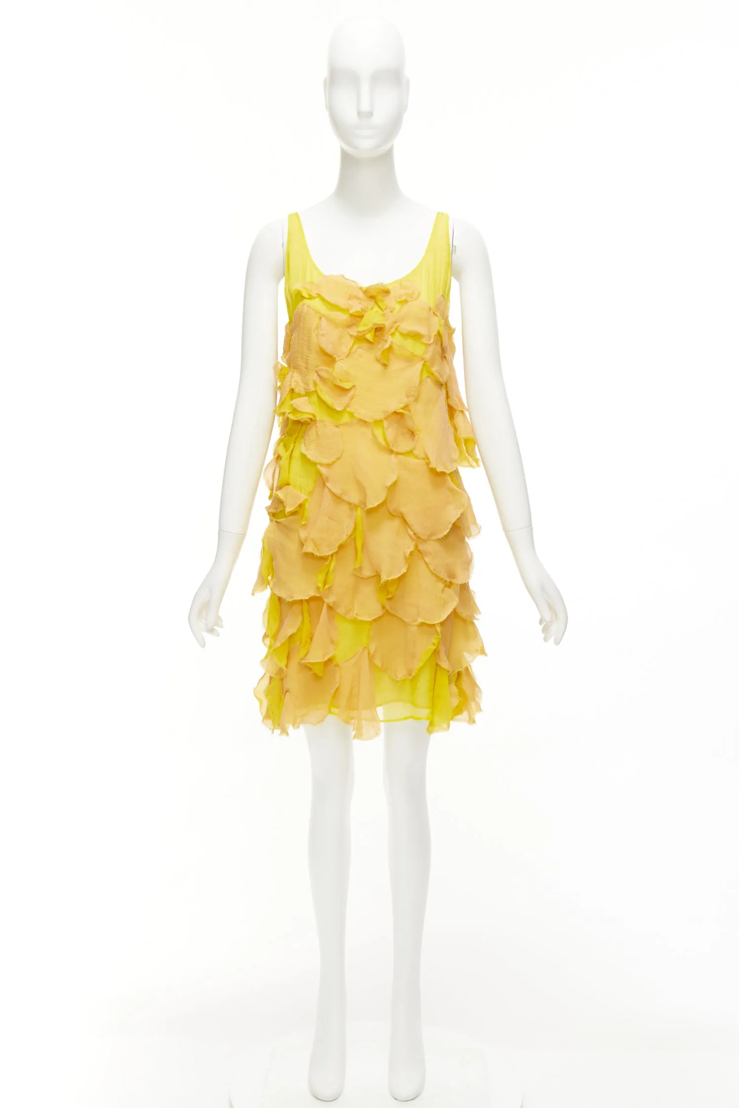 FENDI Vintage yellow nude 100% silk overlay flower petal mini dress IT44 L