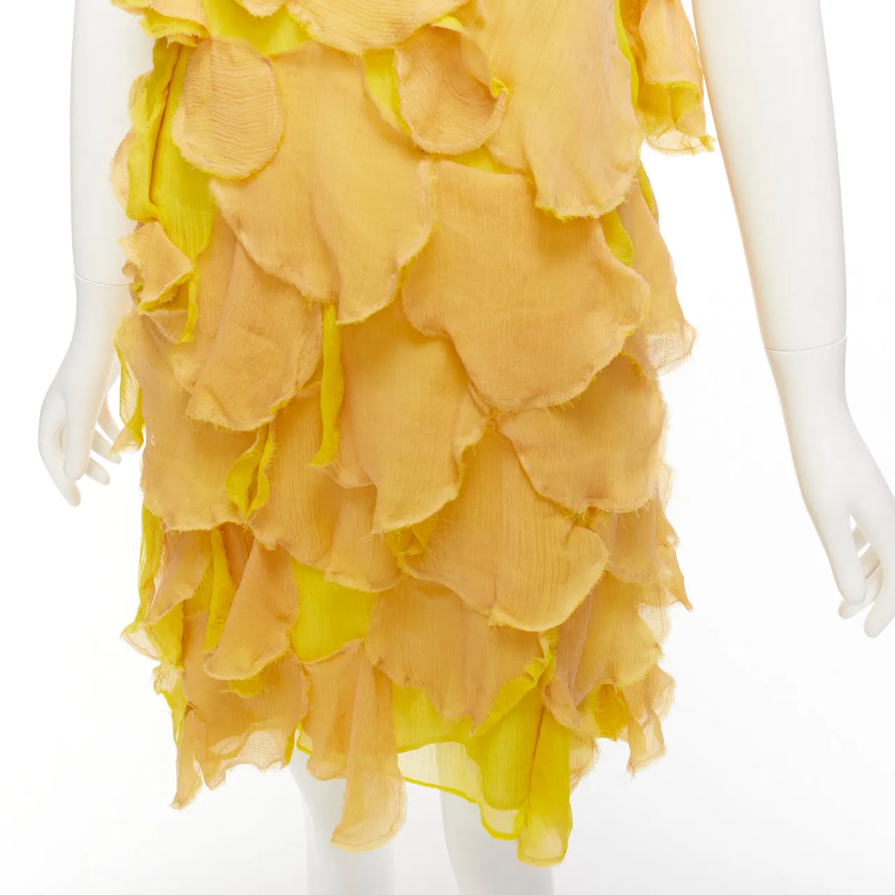 FENDI Vintage yellow nude 100% silk overlay flower petal mini dress IT44 L