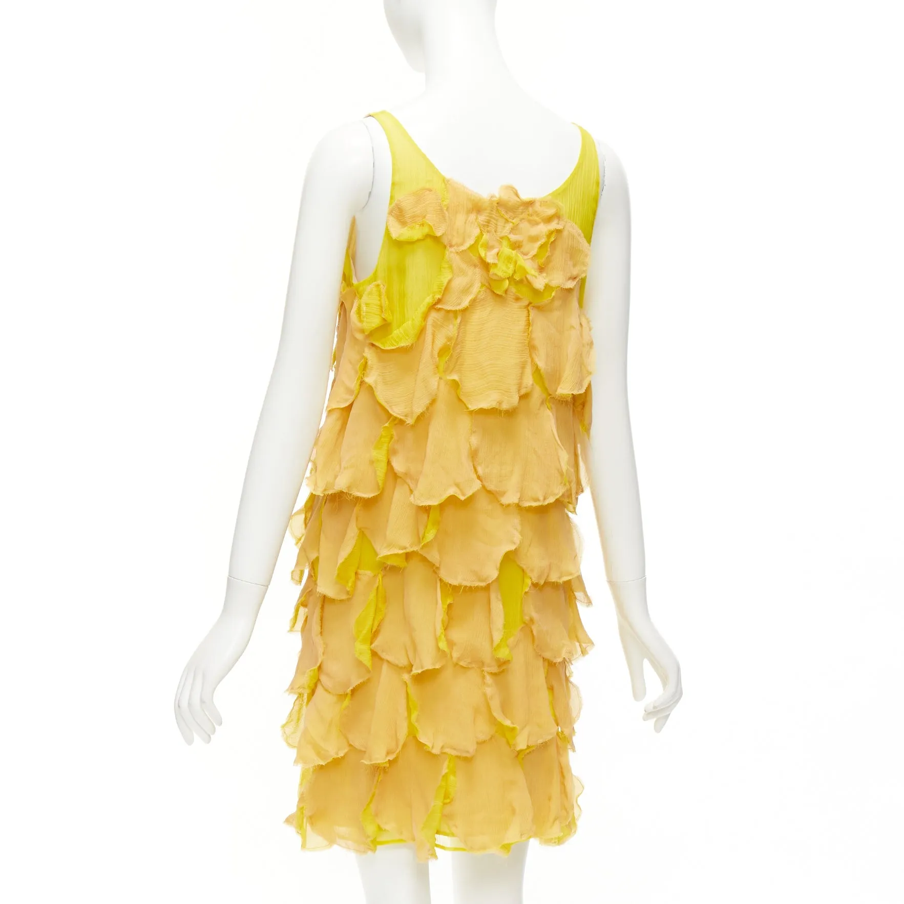 FENDI Vintage yellow nude 100% silk overlay flower petal mini dress IT44 L
