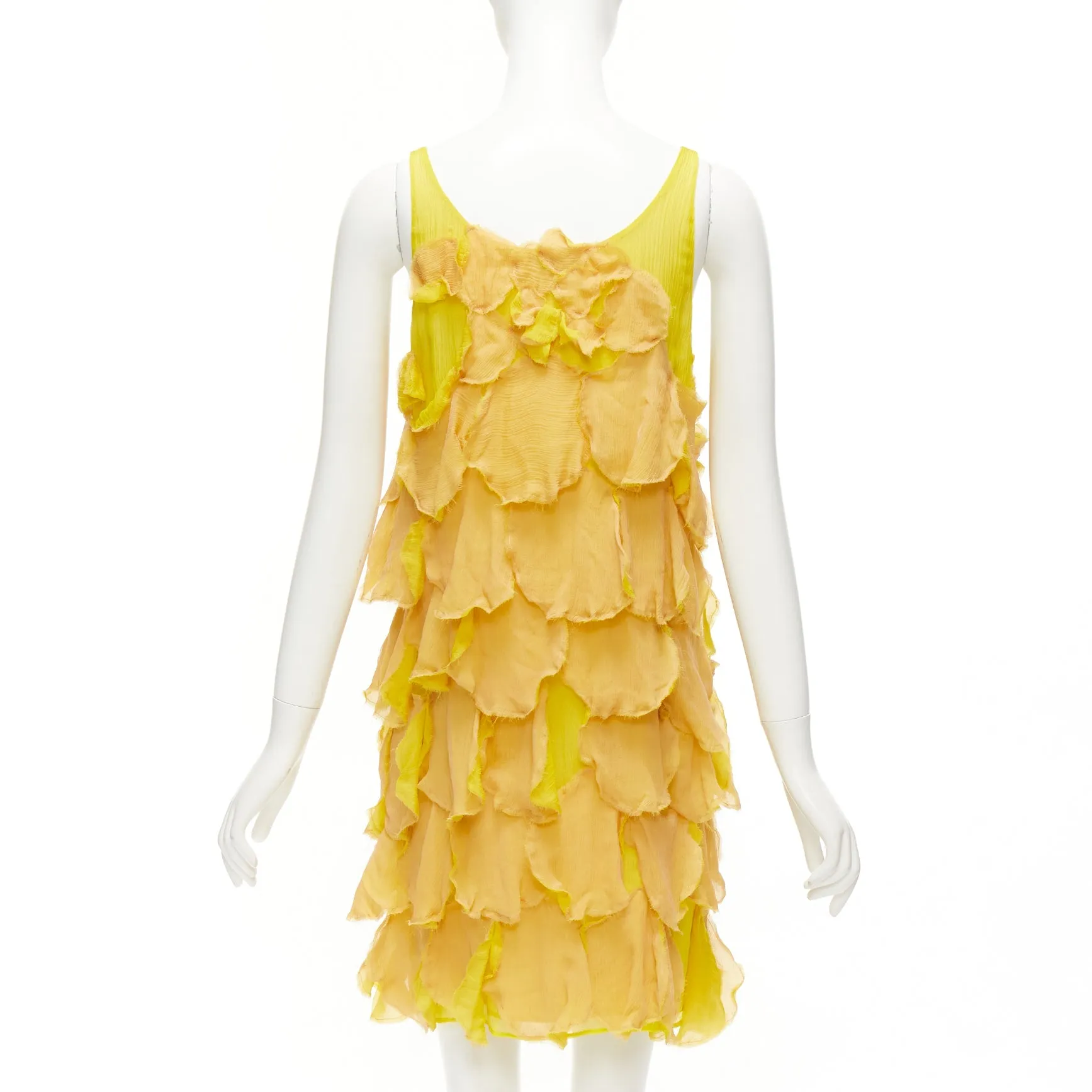 FENDI Vintage yellow nude 100% silk overlay flower petal mini dress IT44 L