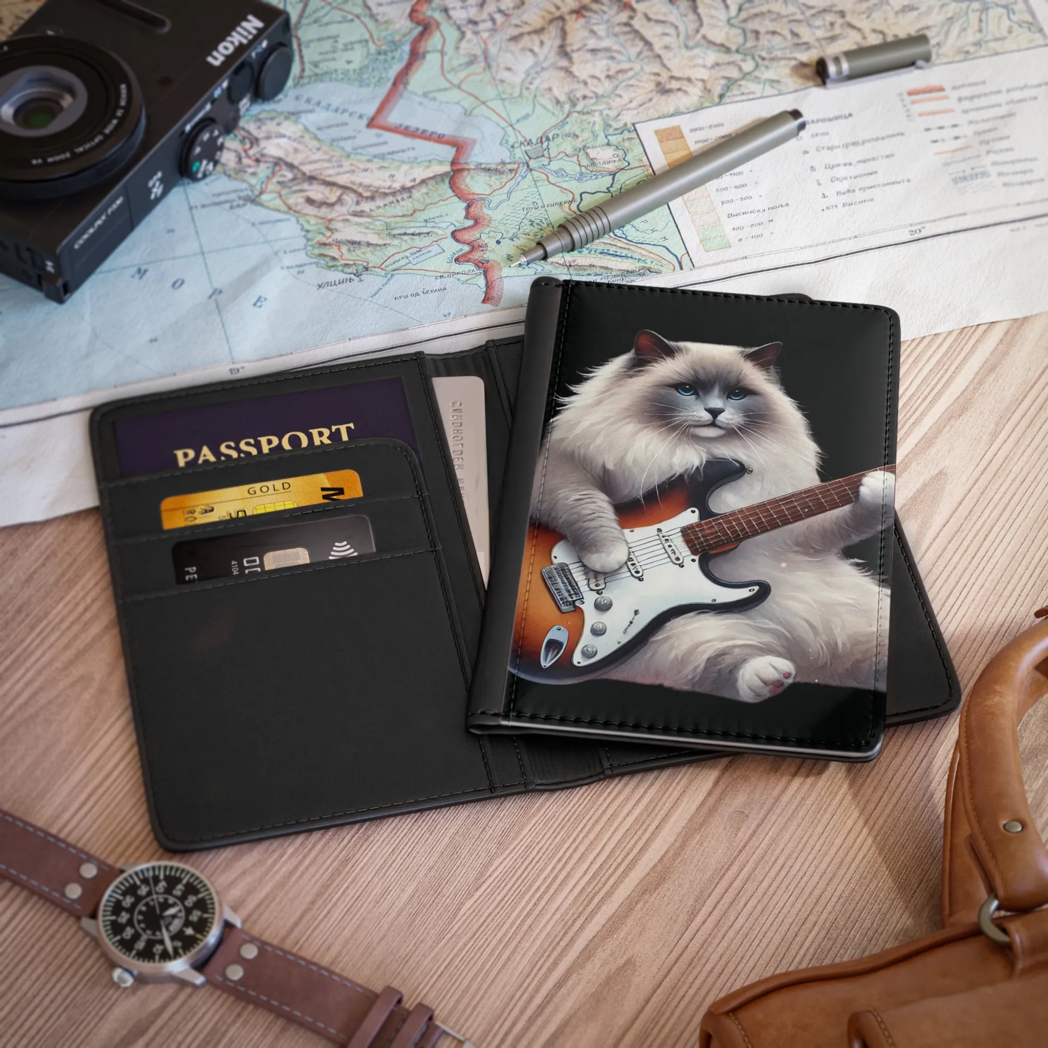 Guitar - Cat Musician - Travel Wallet  - Passport Cover