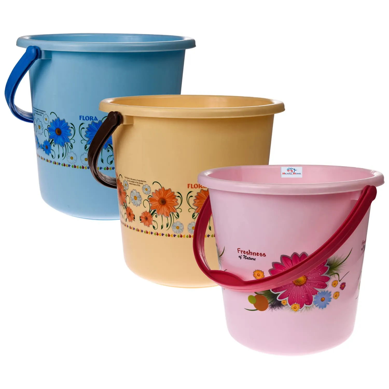 Heart Home Bucket|Plastic Bucket for Bathroom|Bucket for Bathing|Unbreakable Printed Bucket with Handle|18 Liter|Pack of 3 (Multicolor)