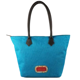 Jute Bag with Leather Handles - Blue