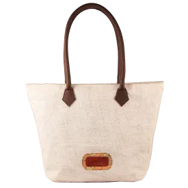 Jute Bag with Leather Handles - White