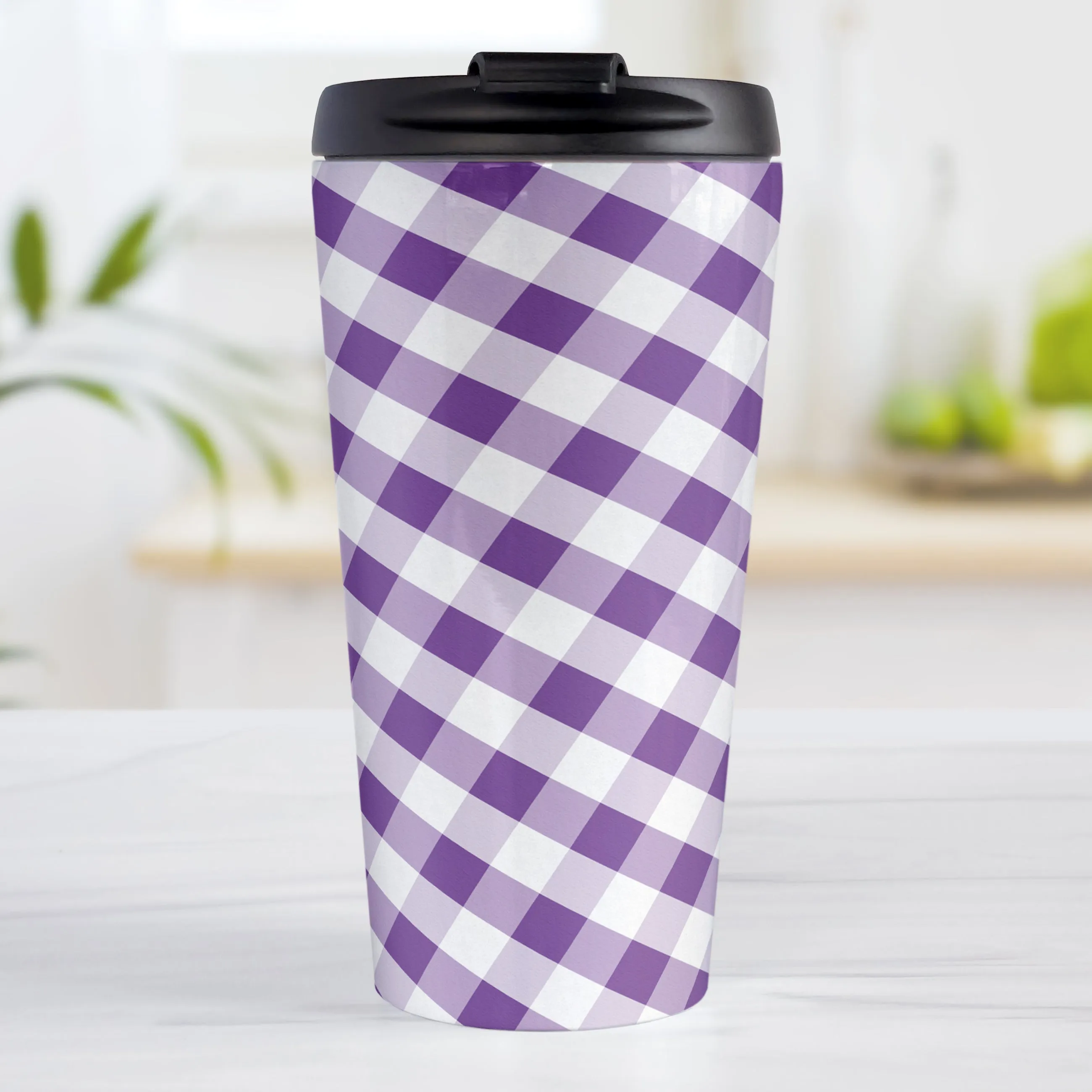 Purple Gingham Travel Mug