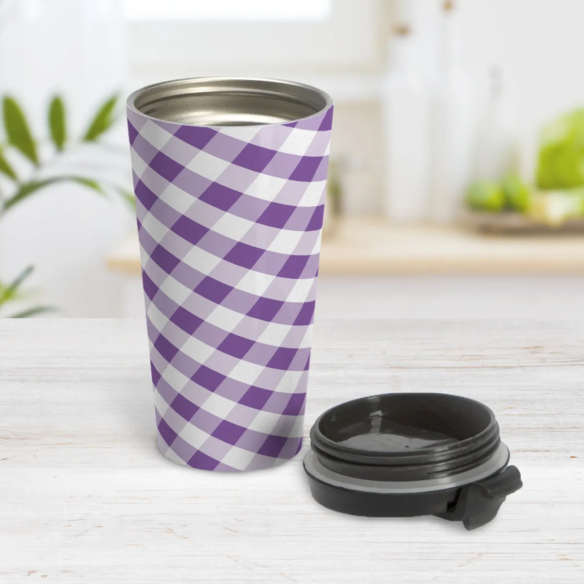 Purple Gingham Travel Mug