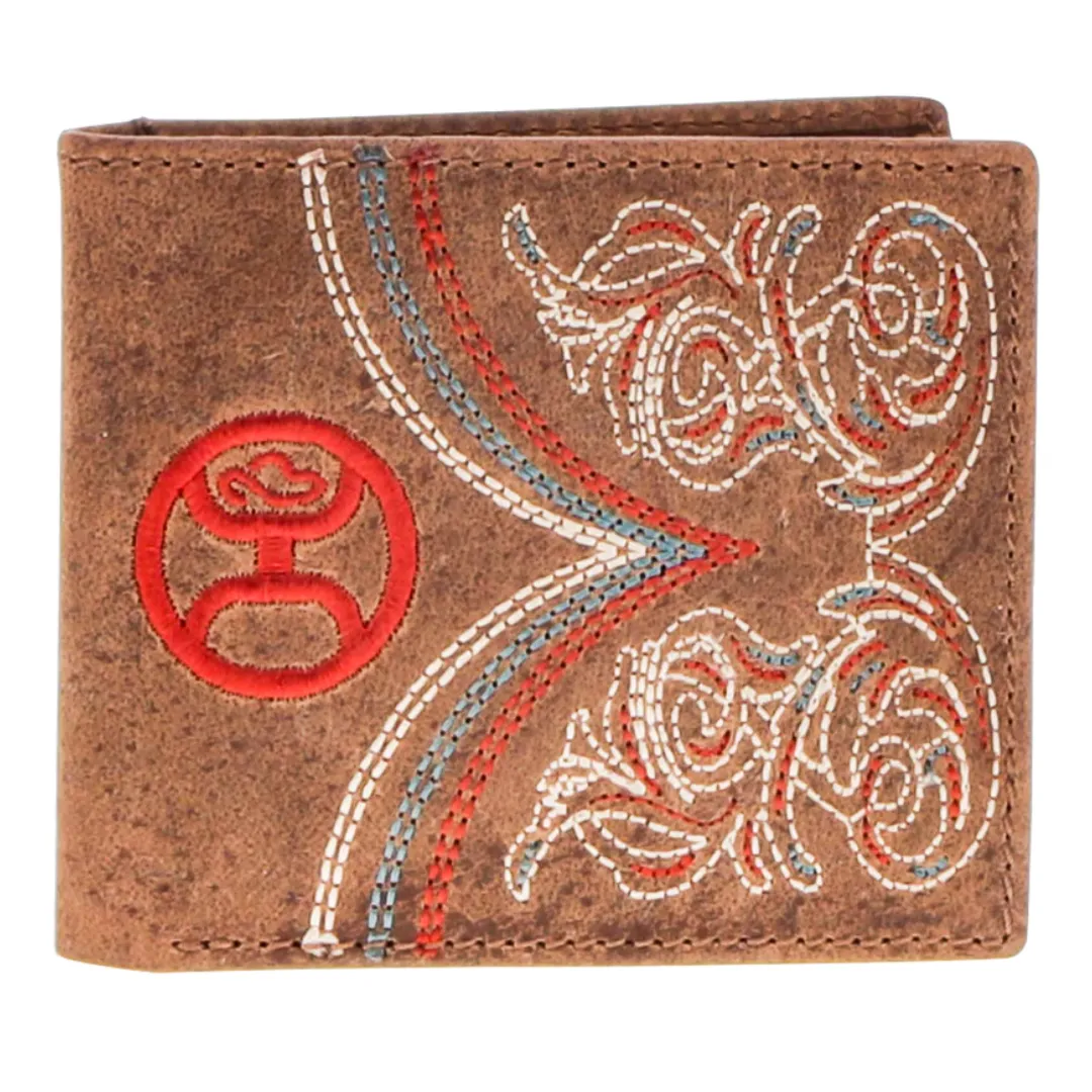 "Ranger" Hooey Logo & Boot Stitch Filigree Embroidered Bifold Wallet W/Red - HBF016-BR