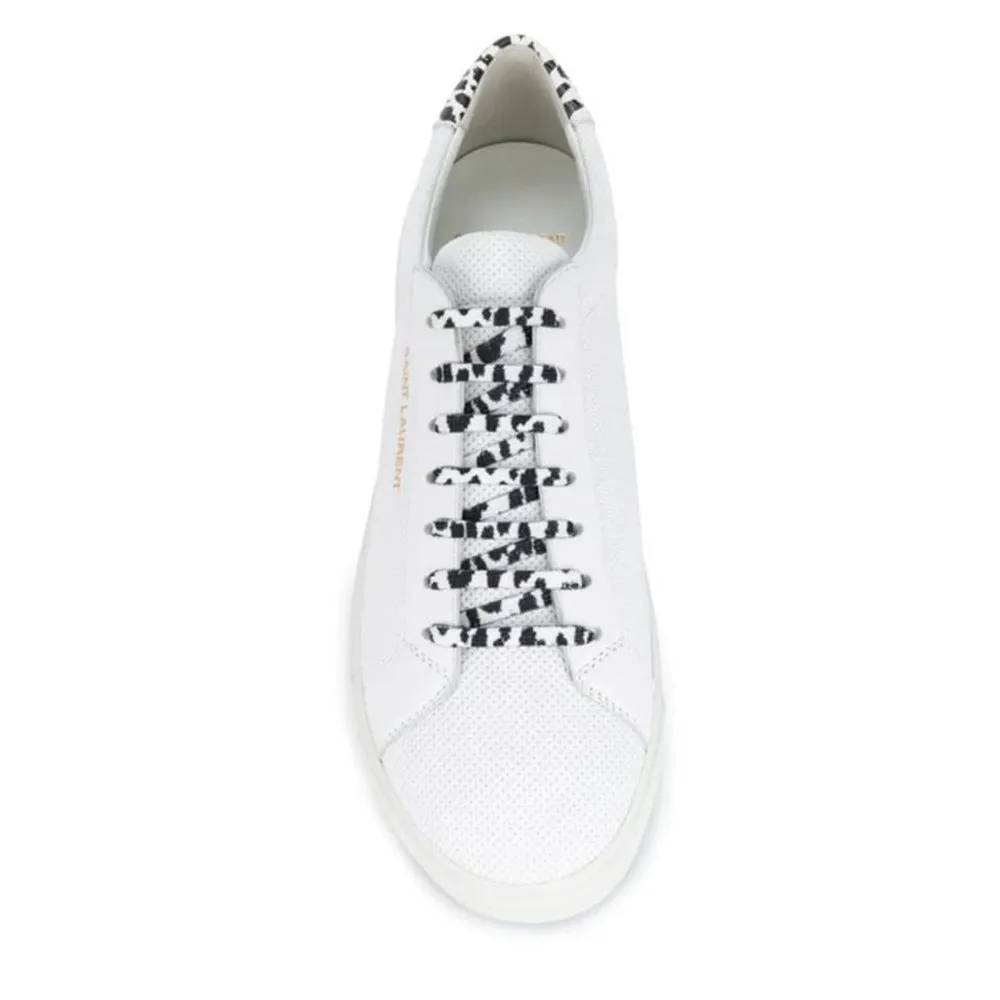 Saint Laurent Men's Leather Andy Perforated Leather Babycat Print Sneakers White