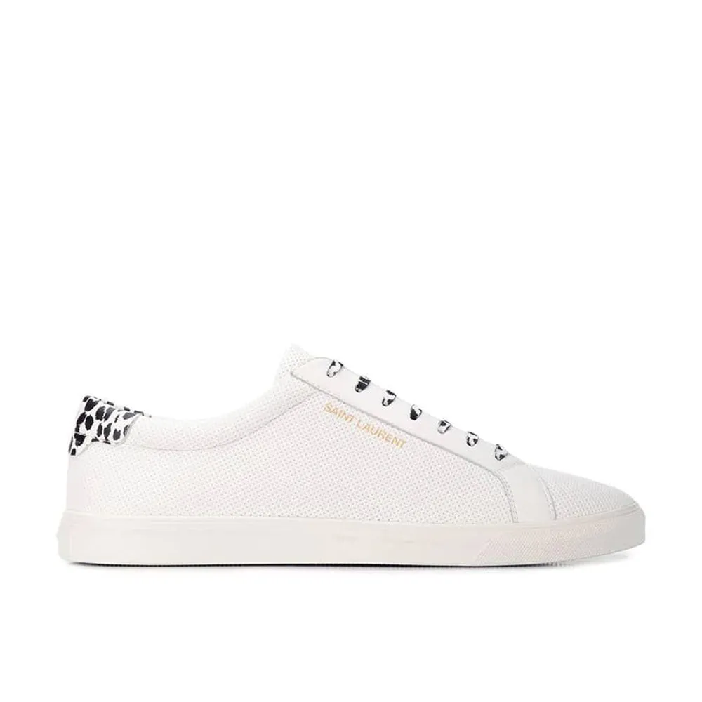 Saint Laurent Men's Leather Andy Perforated Leather Babycat Print Sneakers White