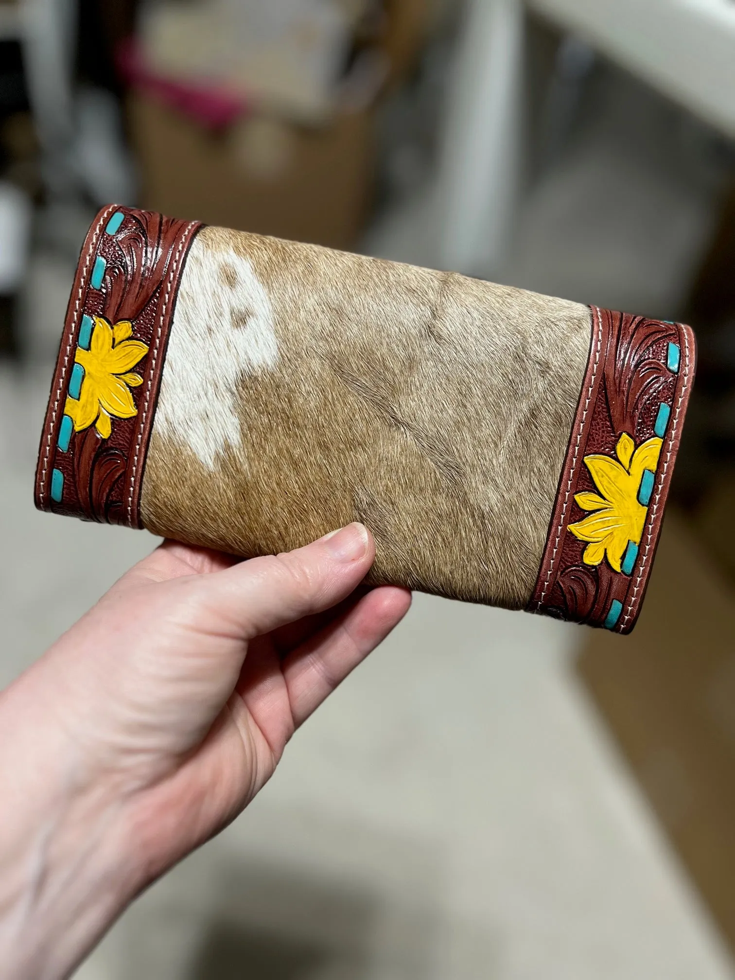 Sunflower and Cowhide with Turquoise Whip Stitch Envelope Wallet