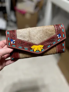 Sunflower and Cowhide with Turquoise Whip Stitch Envelope Wallet