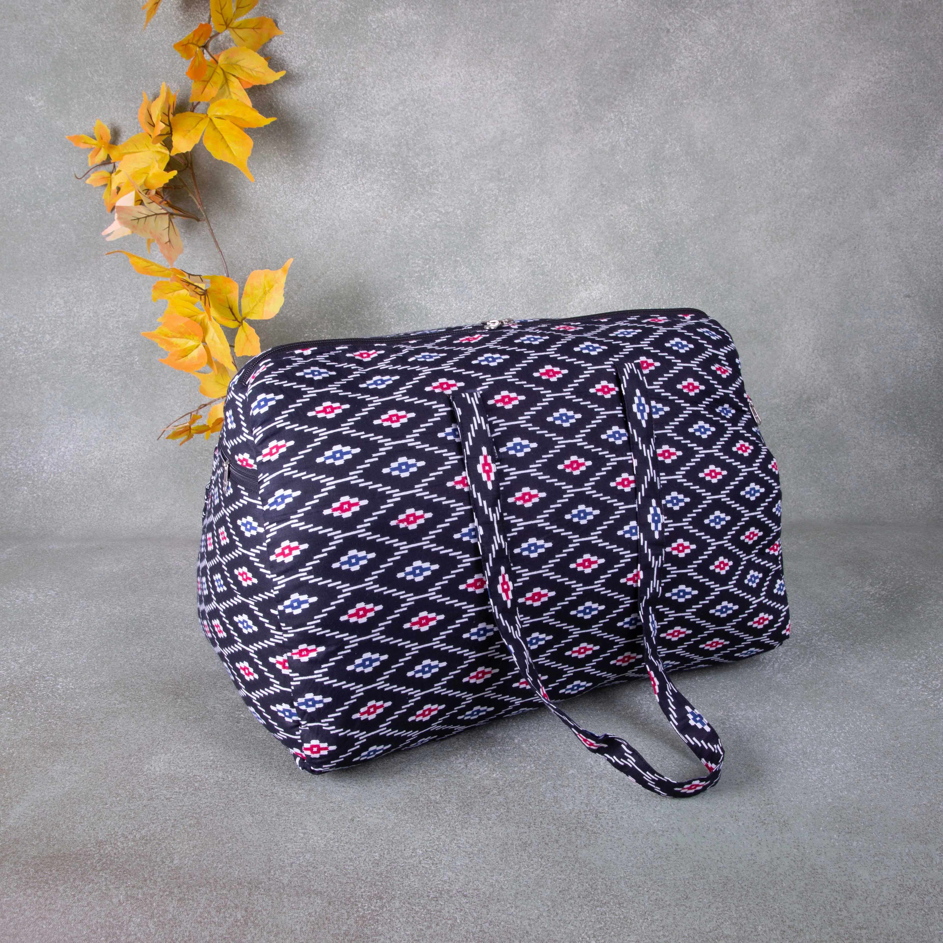 Weekender Travel Bag Black With White Red ikat print