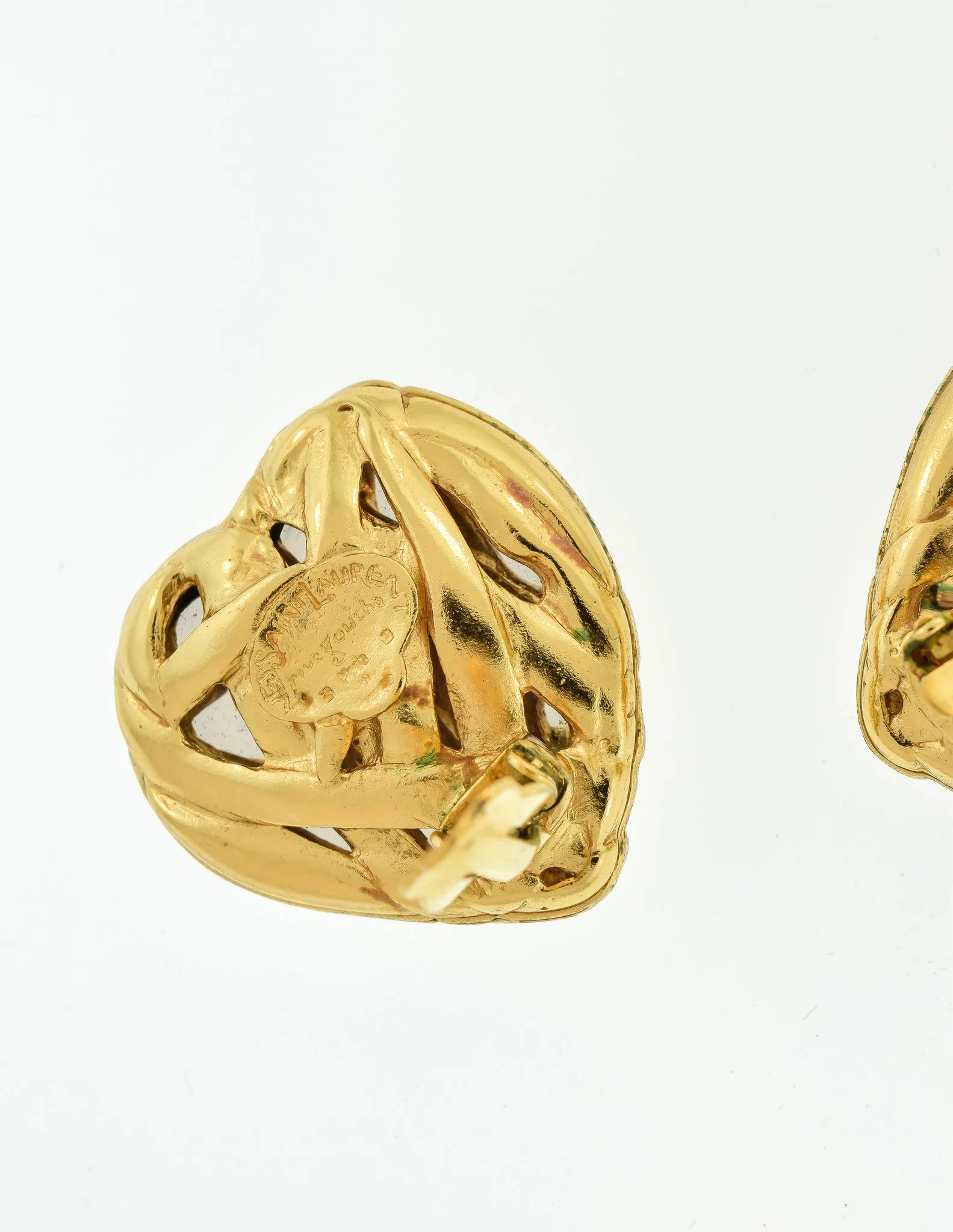 YSL Vintage Gold Green Gripoix Glass Heart Earrings