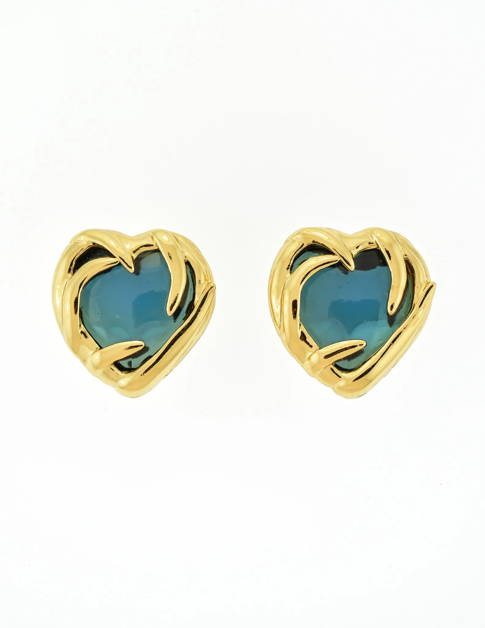 YSL Vintage Gold Green Gripoix Glass Heart Earrings