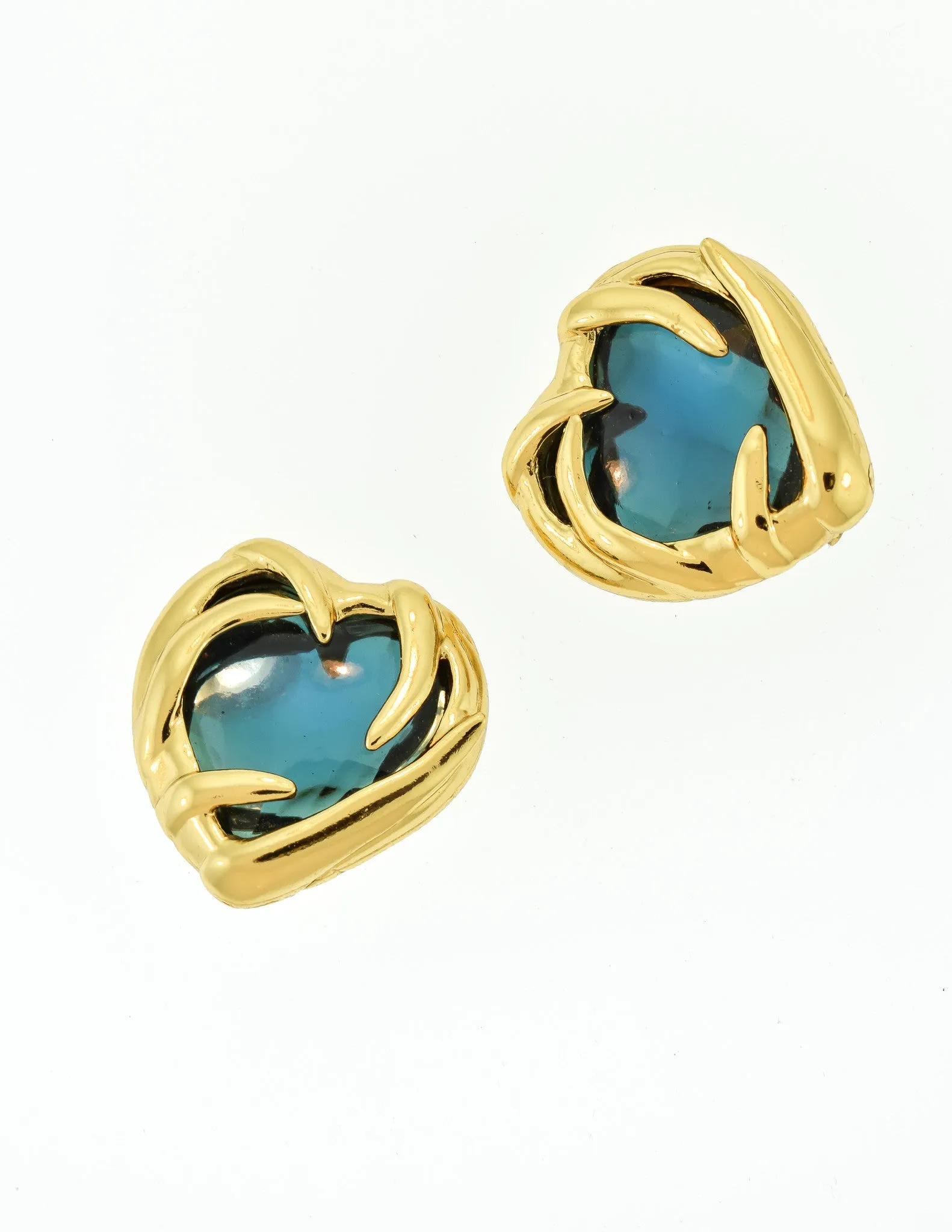 YSL Vintage Gold Green Gripoix Glass Heart Earrings