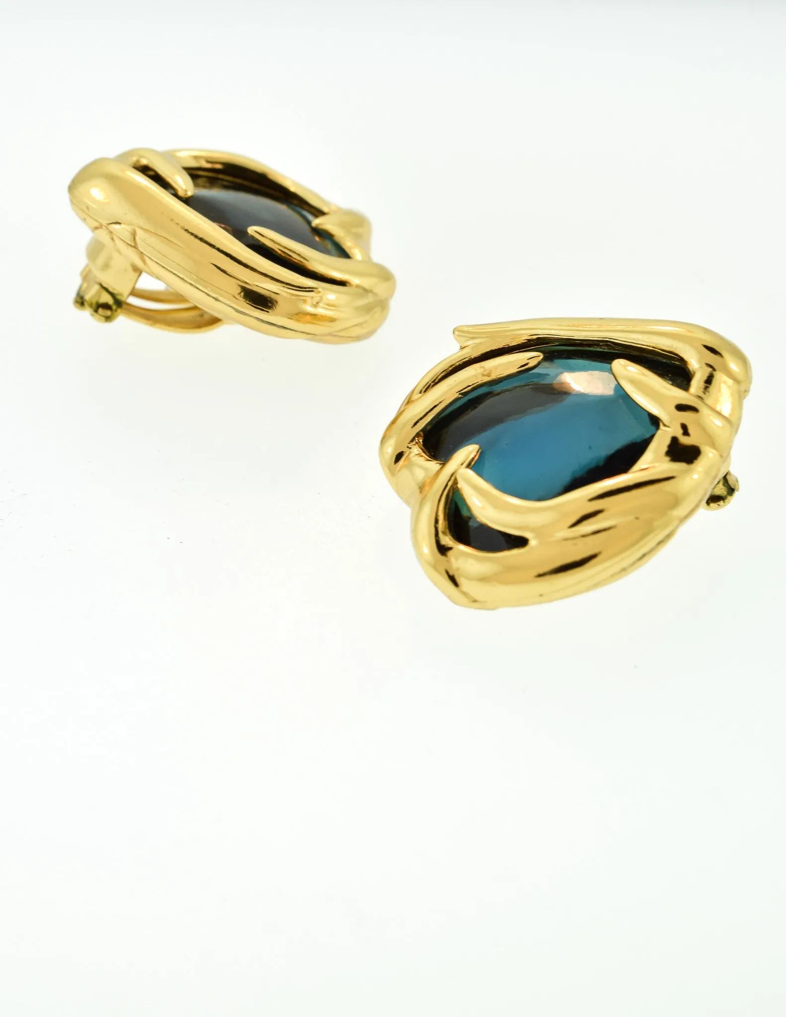 YSL Vintage Gold Green Gripoix Glass Heart Earrings