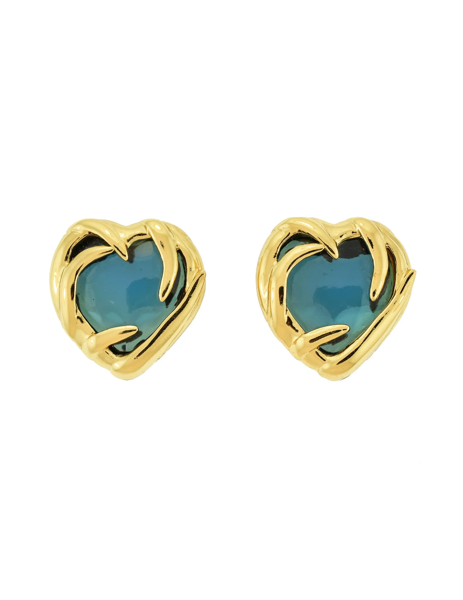 YSL Vintage Gold Green Gripoix Glass Heart Earrings